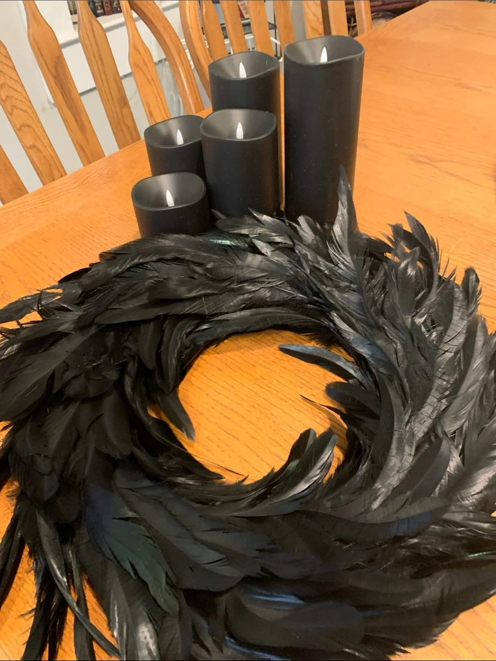 Black Feather Wreath - and battery candlesDecorative Home Party Accent New.